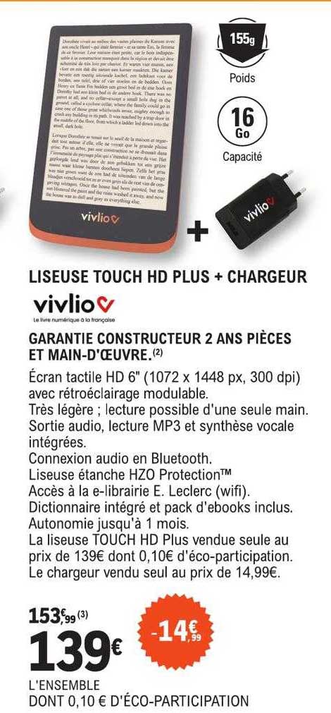 Liseuse Touch Hd Plus + Chargeur Vivlio