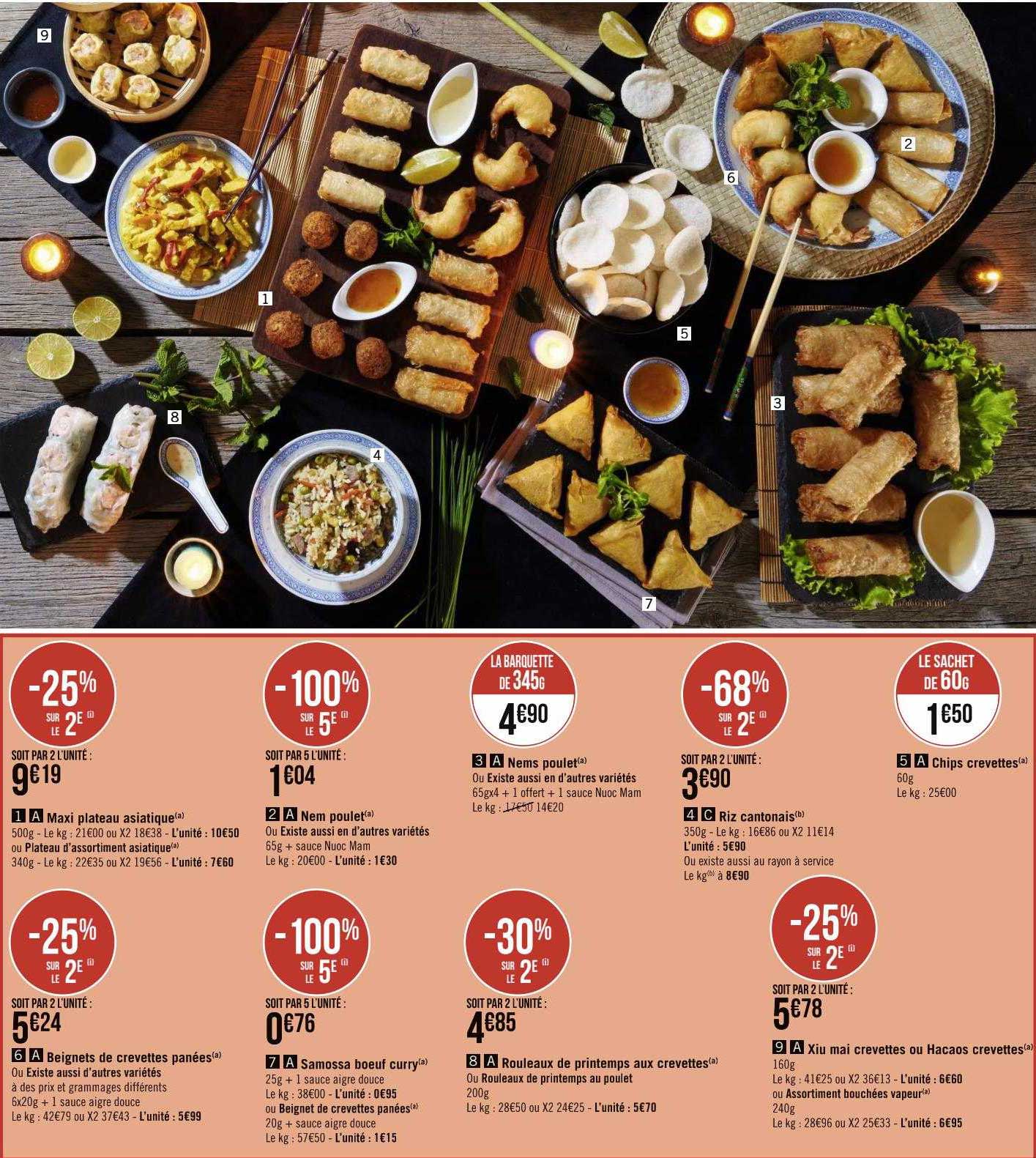 maxi plateau asiatique, nems poulet, riz cantonais, chips crevettes, beignets de crevettes pannées, samossas bœuf curry, rouleaux de printemps aux crevettes ou rouleaux de printemps au poulet, xiu mai