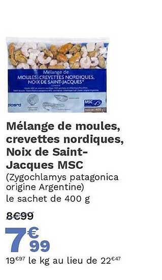 mélange de moules, crevettes nordiques, noix de saint-jacques msc