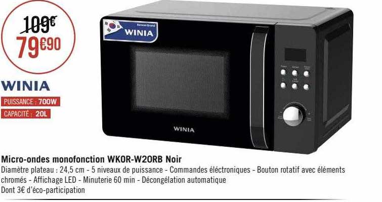 micro-ondes monofonction wkor-w20rb noir winia