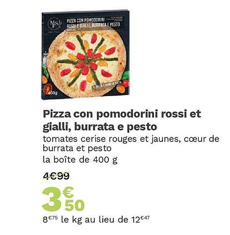 pizza con pomodorini rossi et gialli, burrata e pesto