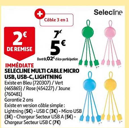 selecline multi câble micro usb, usb-c, lightning