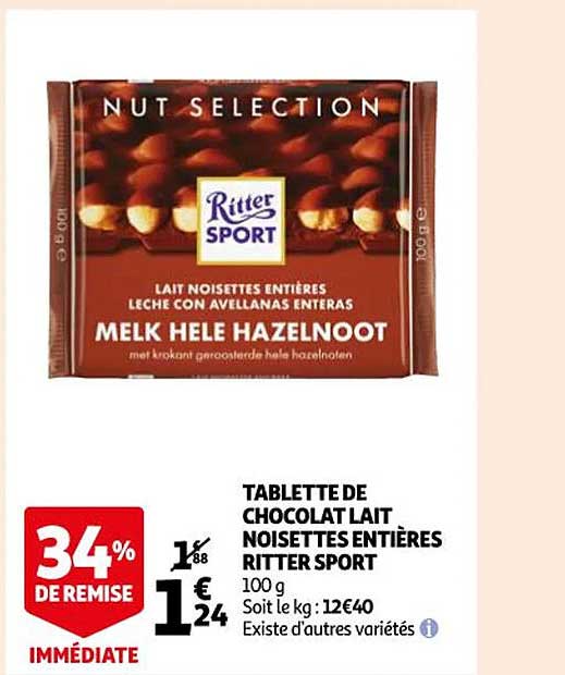 tablette de chocolat lait noisettes entières ritter sport