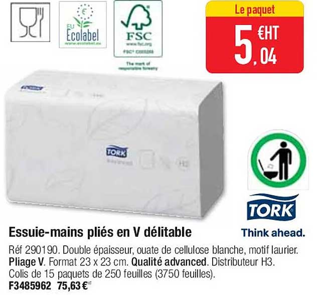 essuie-mains pliés en v délitable tork