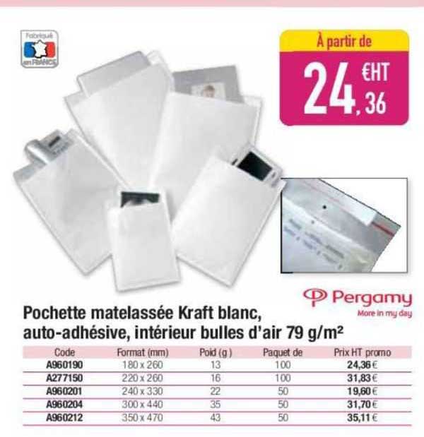 pochette matelassée kraft blanc, auto-adhésive, intérieur bulles d'air 79 g/m² pergamy