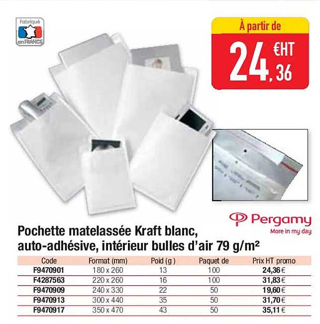 pochette matelassée kraft blanc, auto-adhésive, intérieur bulles d'air 79 g/m²