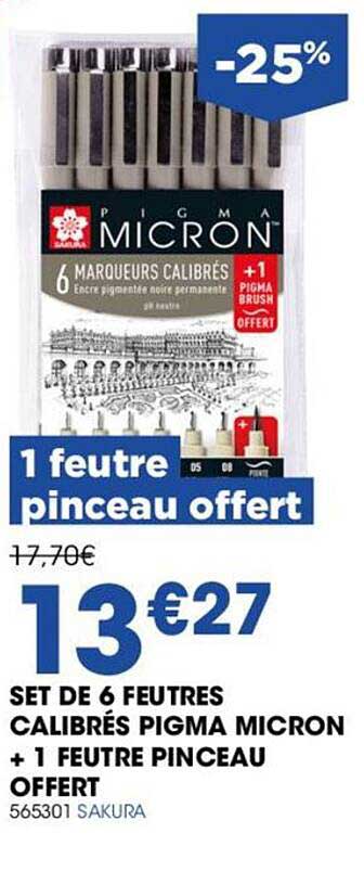 set de 6 feutres calibrés pigma micron + 1 feutre pinceau offert sakura