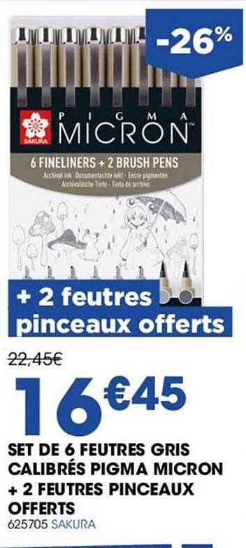 set de 6 feutres gris calibrés pigma micron + 2 feutres pinceaux offerts sakura