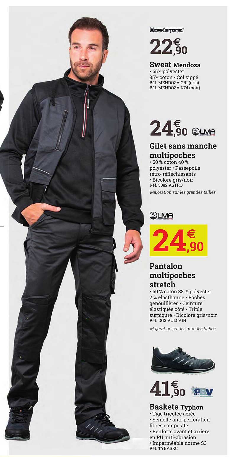 sweat mendoza, gilet sans manche multipoches olivia, pantalon multipoches stretch olivia, baskets typhon