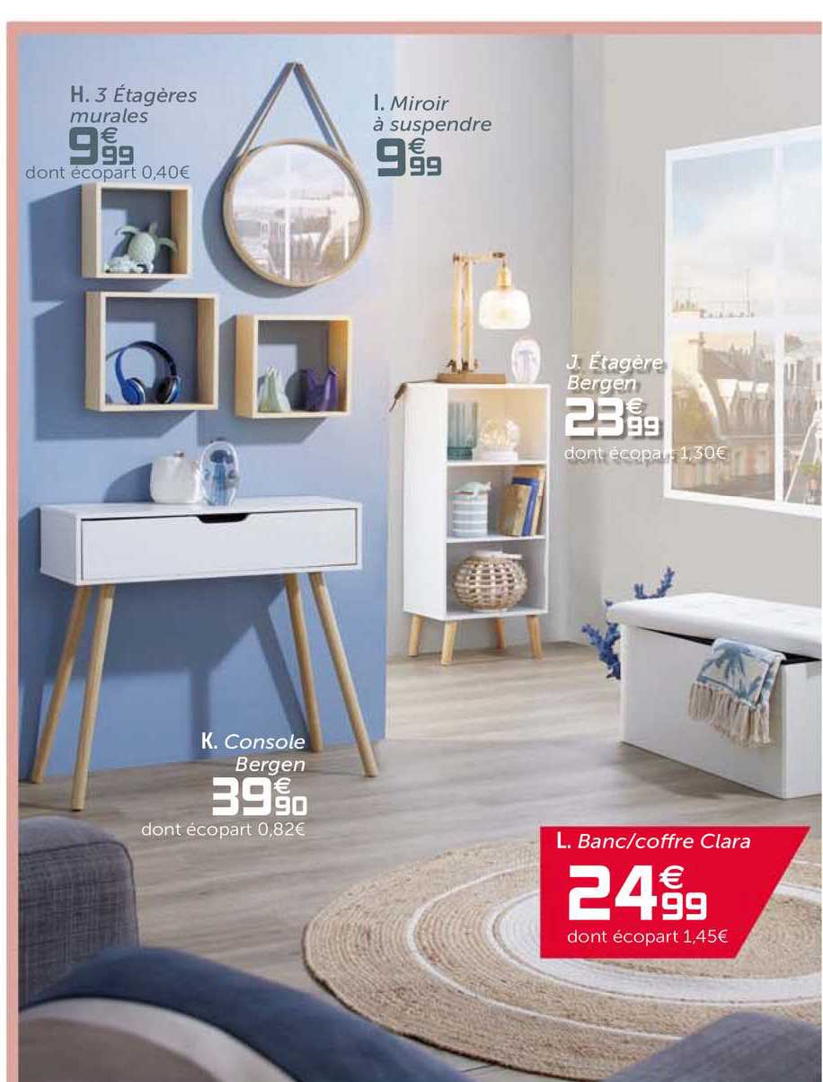 étagères murales, miroir à suspendre, console bergen, étagère bergen, banc - coffre clara