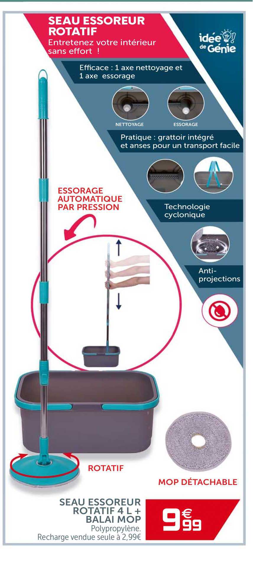 seau essoreur rotatif 4l + balai mop