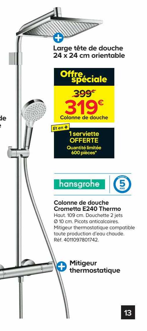 colonne de douche crometta e240 thermo hansgrohe
