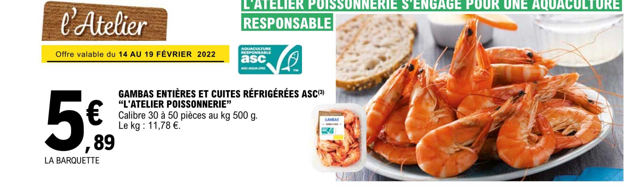 gambas entières et cuites réfrigérées asc "l'atelier poissonnerie"