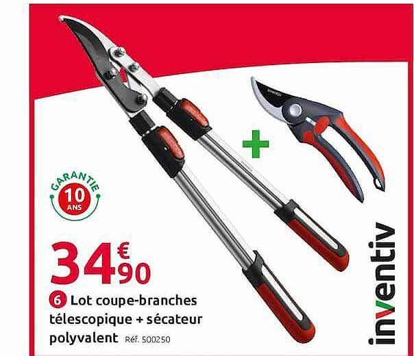 lot coupe-branches télescopique + sécateur polyvalent inventiv