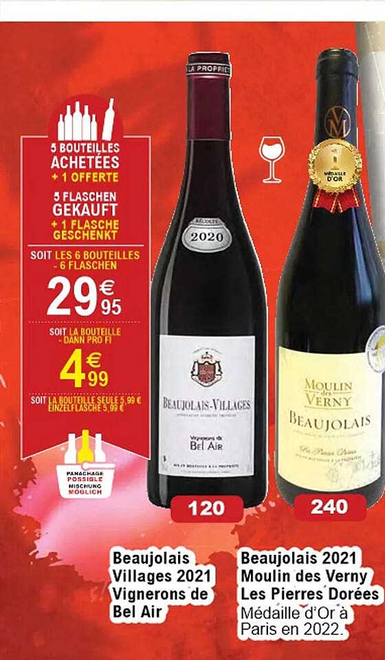 beaujolais villages 2021 vignerons de bel air, beaujolais 2021 moulin des verny les pierres dorées