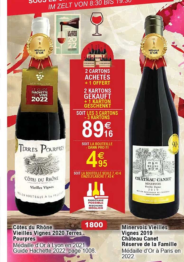 côtes du rhône vieilles vignes 2020 terres pourpres, minervois vieilles vignes 2019 château canet réserve de la famille
