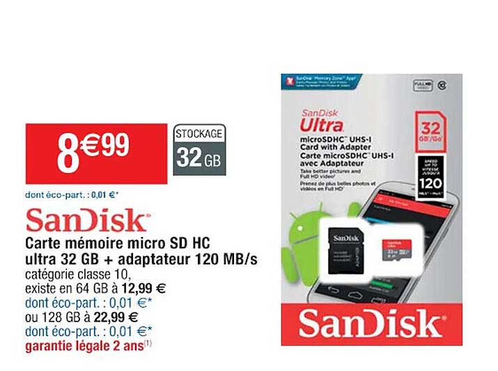 carte mémoire micro sd hc ultra 32 gb + adaptateur 120 mb-s sandisk