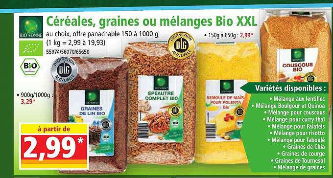 céréales, graines ou mélanges bio xxl bio sonne