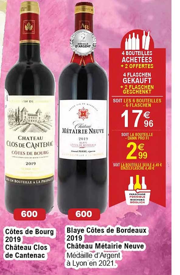 côtes de bourg 2019 château clos de cantenac, blaye côtes de bordeaux 2019 château métairie neuve