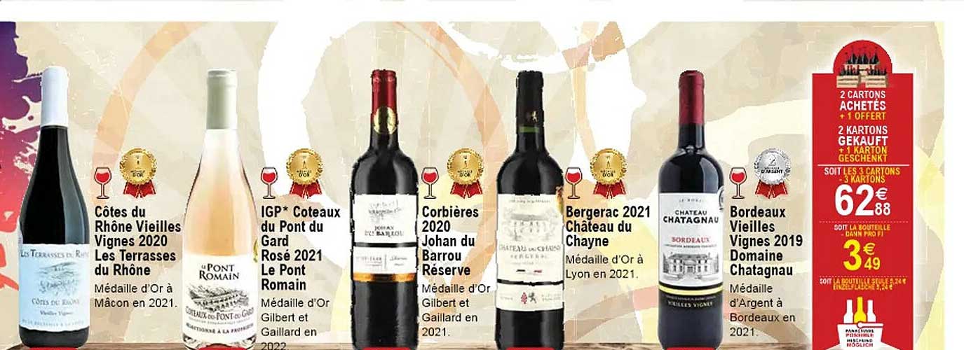 côtes du rhône vieilles vignes 2020 les terrasses du rhône, igp côteaux du pont du gard rosé 2021 le pont romain, corbières 2020 johan du barrou réserve, bergerac 2021 château du chayne