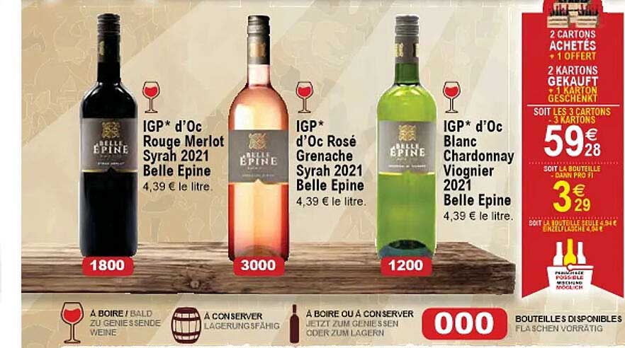 igp d'oc rouge merlot syrah 2021 belle épine, igp d'oc rosé grenache syrah 2021 belle épine, igp d'oc blanc chardonnay viognier 2021 belle épine