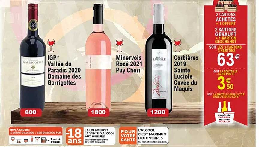 igp vallée du paradis 2020 domaine des garrigottes, minervois rosé 2021 puy chéri, corbières 2019 sainte luciole cuvée du paquis