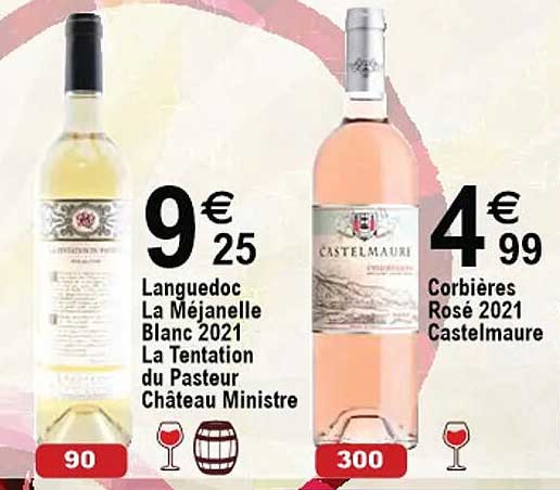 languedoc la méjanelle blanc 2021 la tentation du pasteur château ministre, corbières rosé 2021 castelmaure