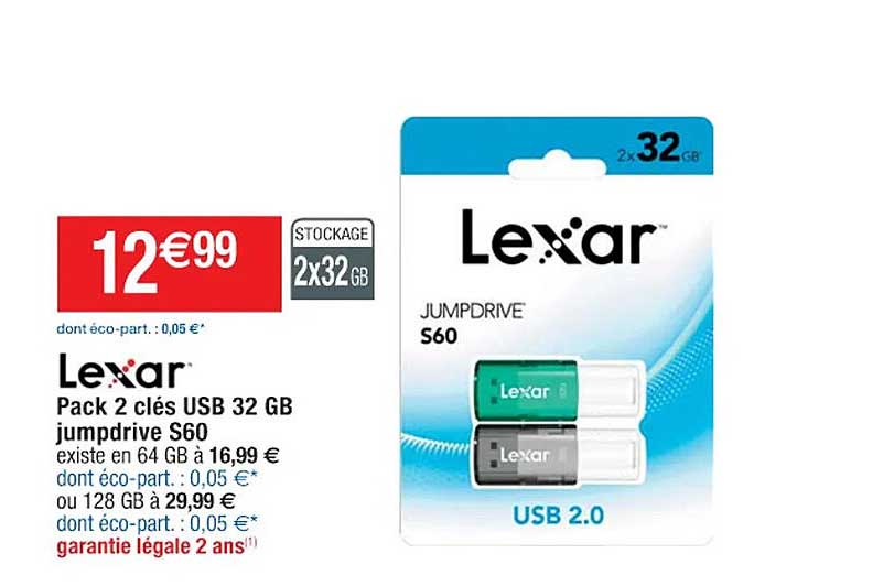 pack 2 clés ubs 32 gb jumpdrive s60 lexar