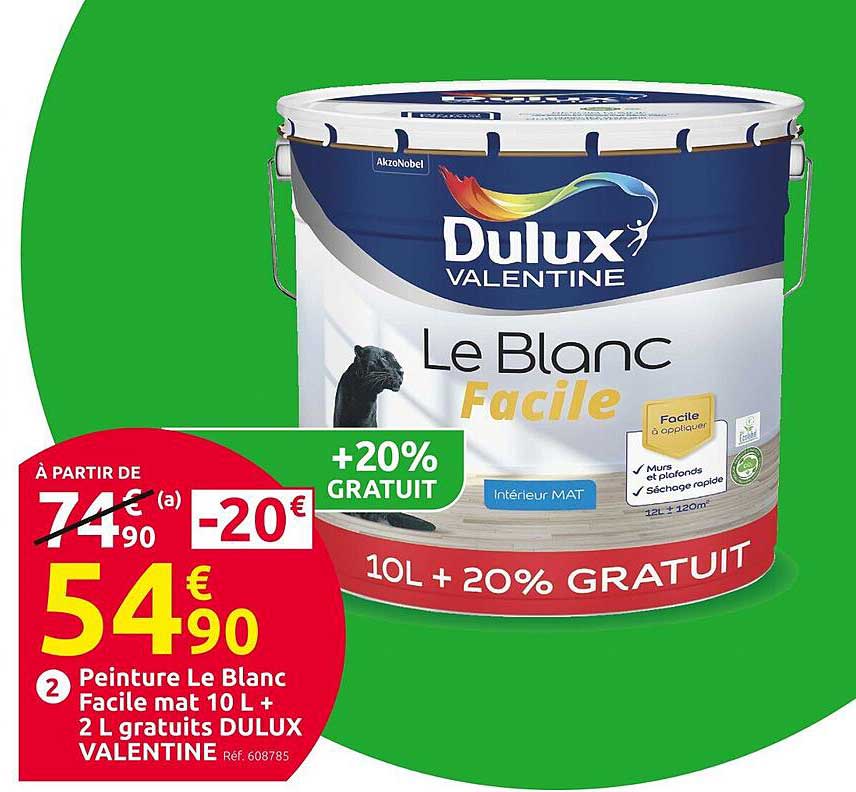 peinture le blanc facile mat 10 l + 2 l gratuits dulux valentine