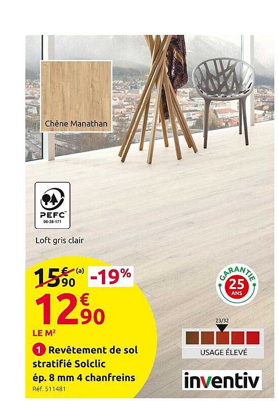 revêtement de sol stratifié solclic ép. 8 mm 4 chanfreins inventiv