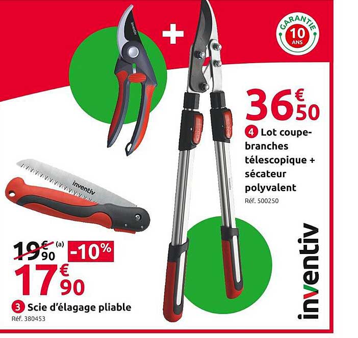 scie d'élagage plianbe, lot coupe-branches télescopique + sécateur polyvalent inventiv
