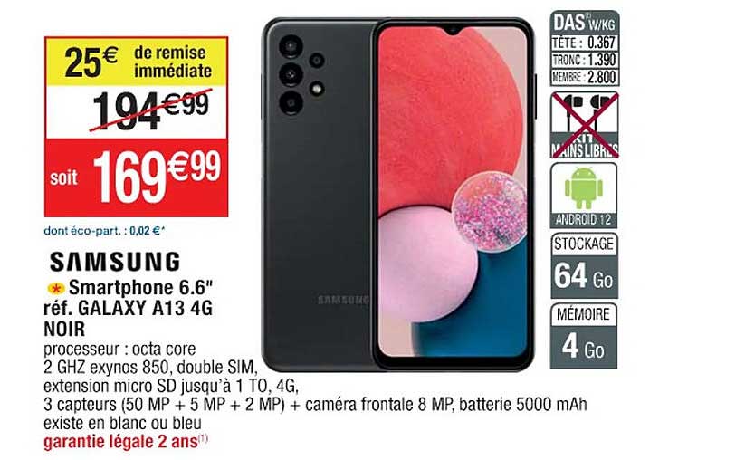 smartphone 6.6" samsung galaxy A13 4g noir