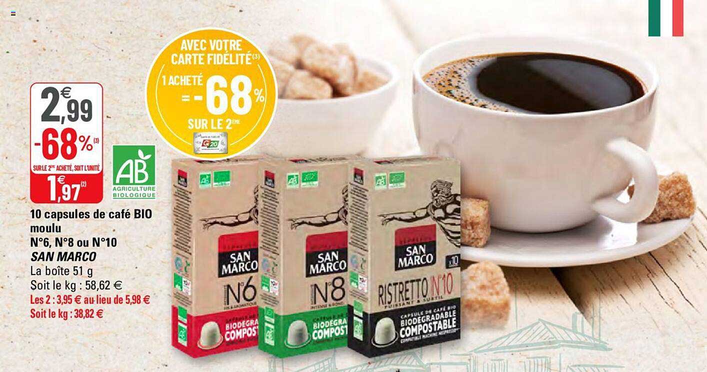 10 capsules de café bio moulu n°6, n°8, n°10 san marco