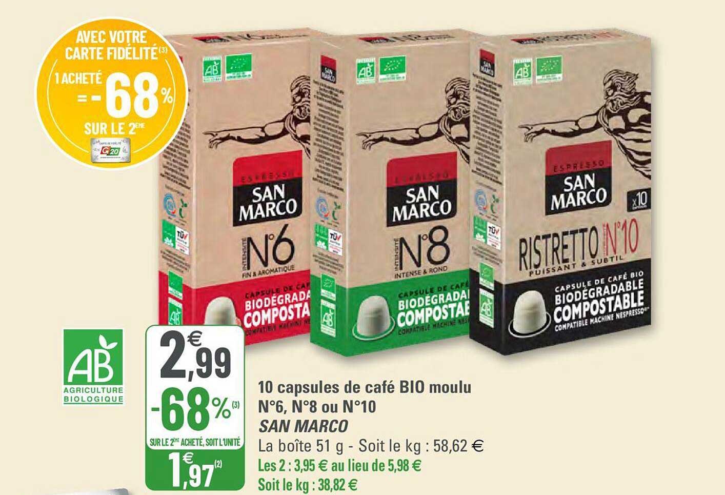 10 capsules de café bio moulu n°6, n°8 ou n°10 san marco