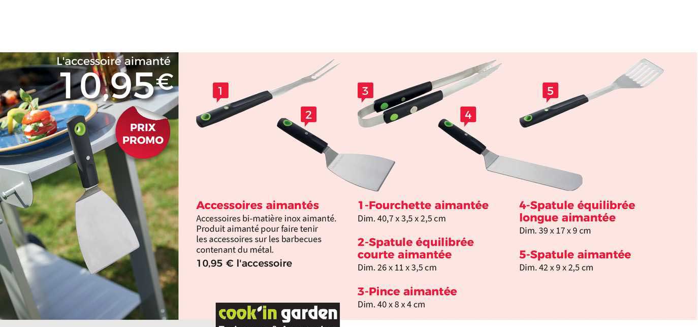 accessoires aimanté, fourchette aimanté, spatule équilibrée courte aimanté, pince aimantée, spatule équilibrée, spatule aimantée