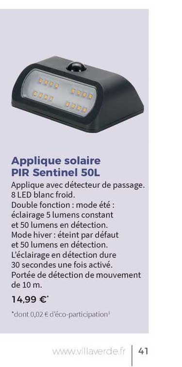 applique solaire pir sentinel 50l