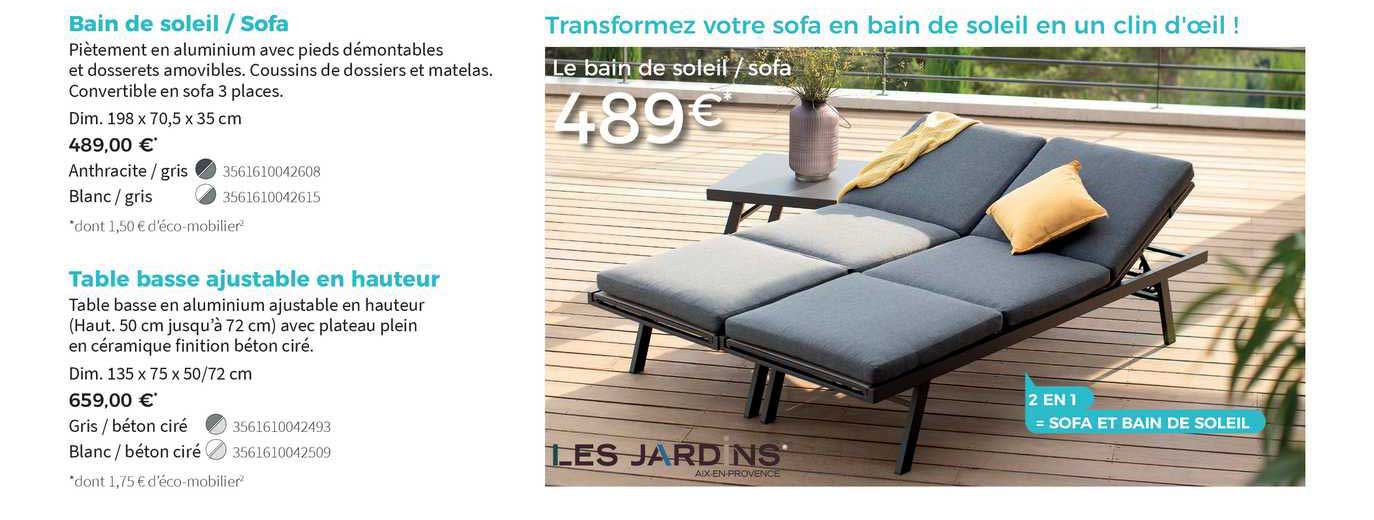 bain de soleil, sofa, table basse ajustable en hauteur