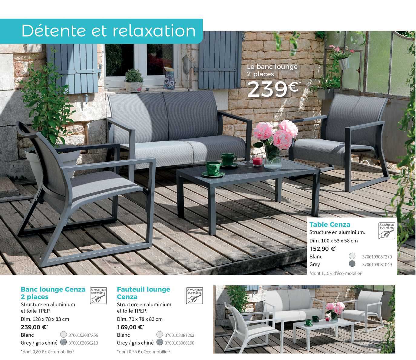 banc lounge cenza 2 places, fauteuil lounge cenza, table cenza