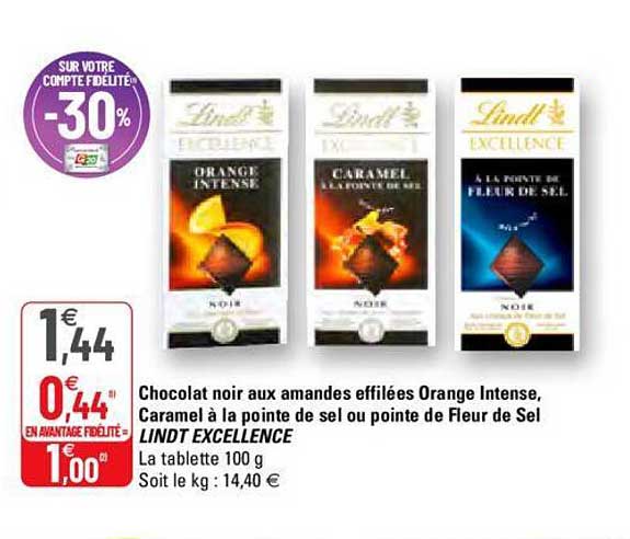 chocolat noir aux amandes effilées orange intense, caramel à la pointe de sel ou pointe de fleur de sel lindt excellence
