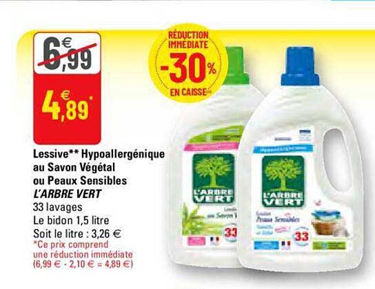 lessive hypoallergénique au savon végétal ou peaux sensibles l'arbre vert