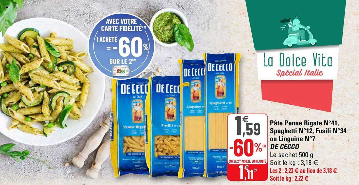 pâte penne rigate n°41, spaghetti n°12, fusili n°34 ou linguine n°7 de cecco