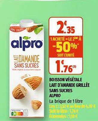 boisson végétale lait d'amande grillées sans sucres alpro