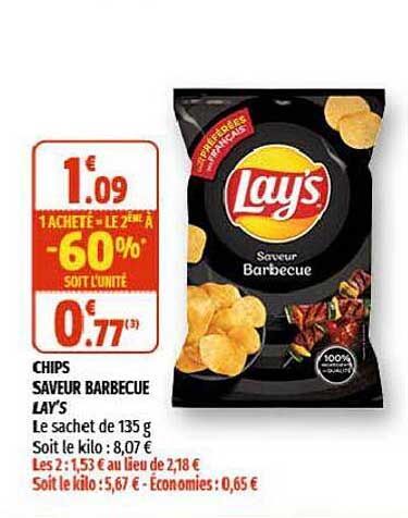 chips saveur barbecue lay's 1 acheté = le 2ème à -60% soit l'unité