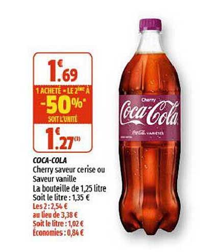 coca-cola cherry saveur cerise ou saveur vanille 1 acheté = le 2ème à -50% soit l'unité