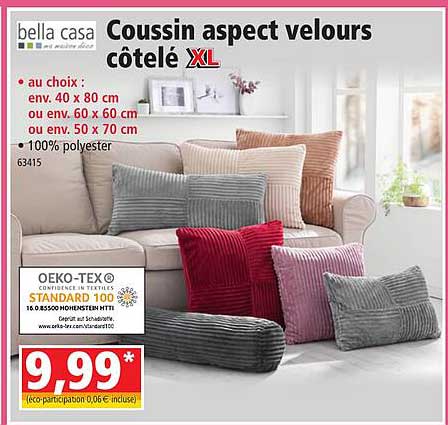 coussin aspect velours côtelé xl bella casa