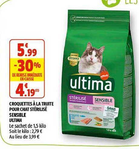 croquettes à la truite pour chat stérilisé sensible ultima