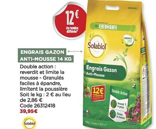 engrais gazon anti-mousse 14 kg solabiol