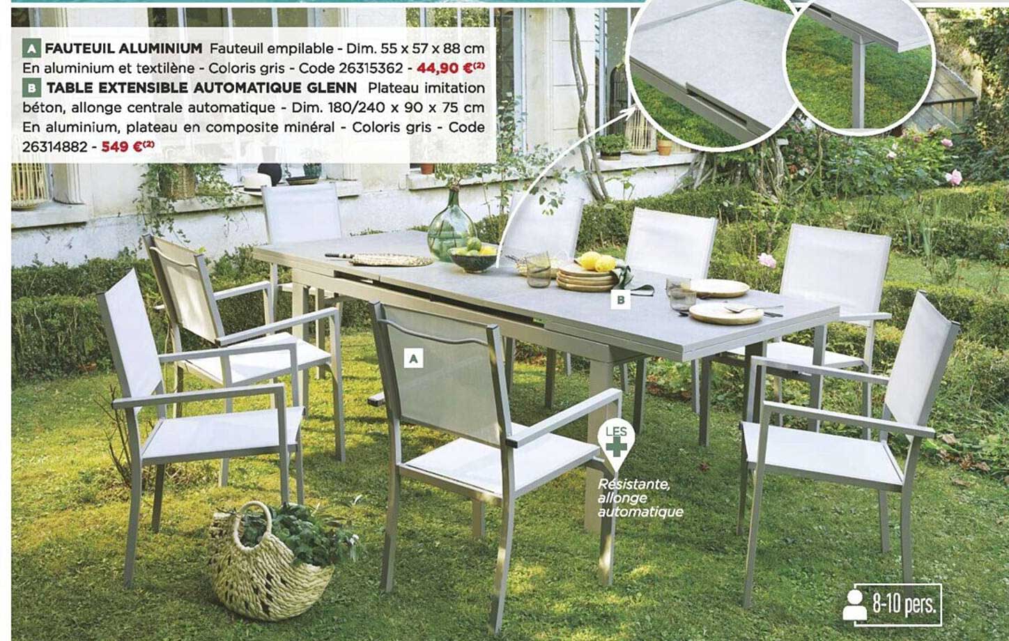 fauteuil aluminium, table extensible automatique glenn