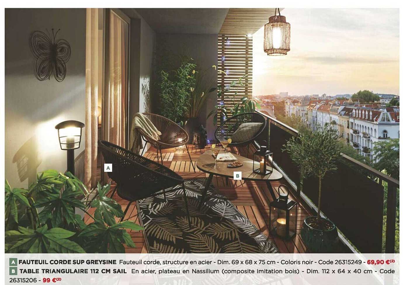 fauteuil corde sup greysine, table triangulaire 112 cm sail