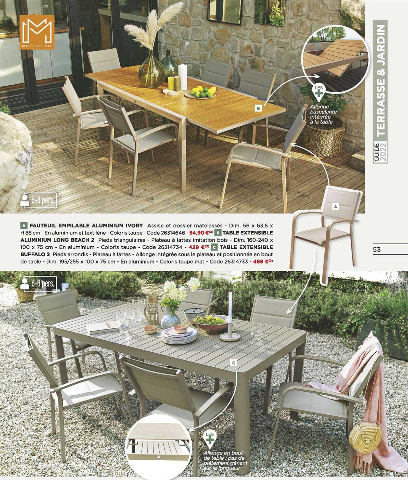 fauteuil empilable aluminium ivory, table extensible aluminium long beach 2, table extensible buffalo 2